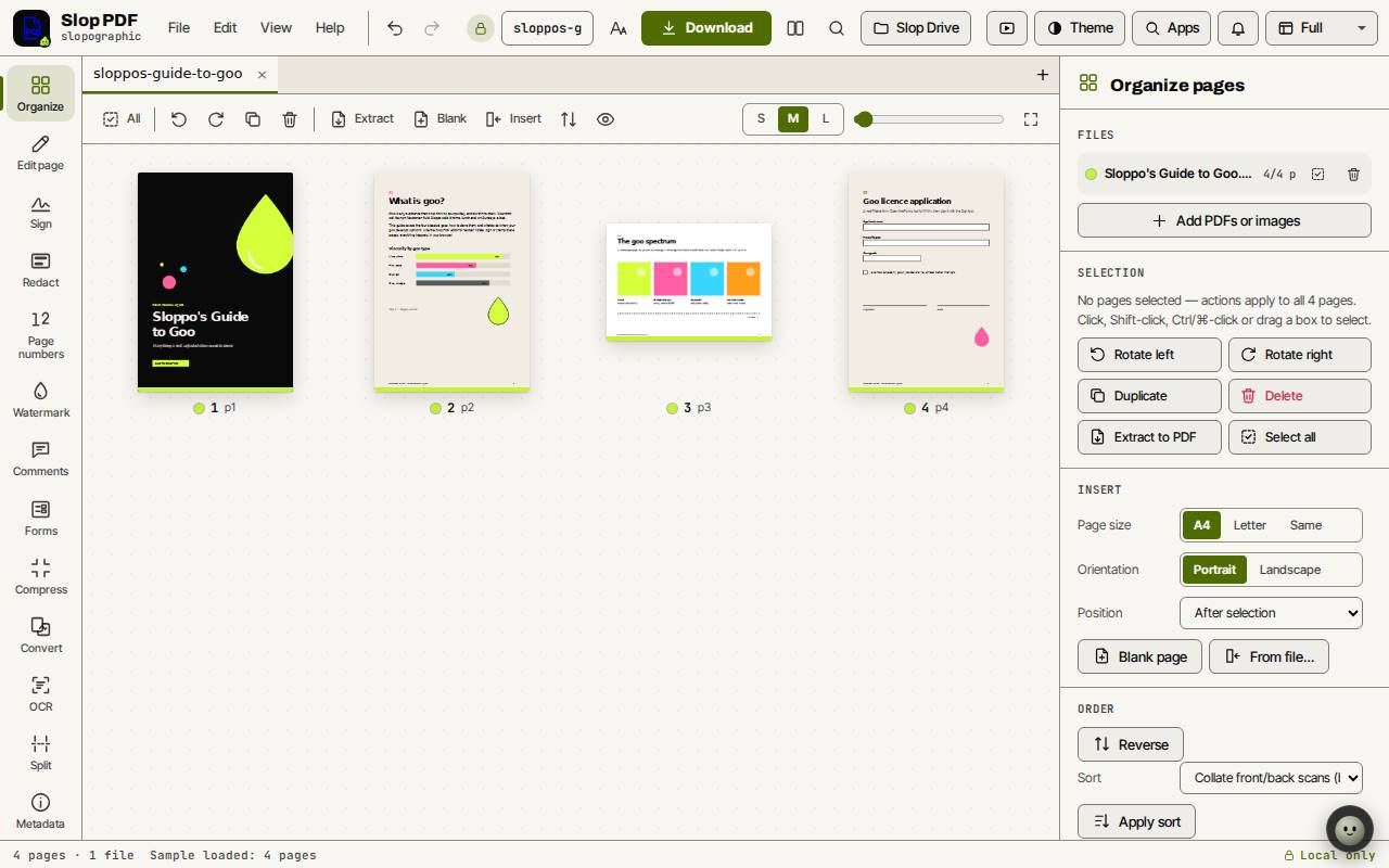 Slop PDF with the four-page sample open in the Organize view, the tool rail on the left and the Organize pages panel on the right