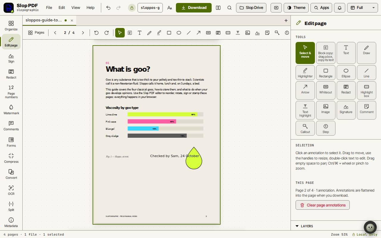 The page view of Slop PDF with a typed note on page 2 and the Edit page tools in the right panel