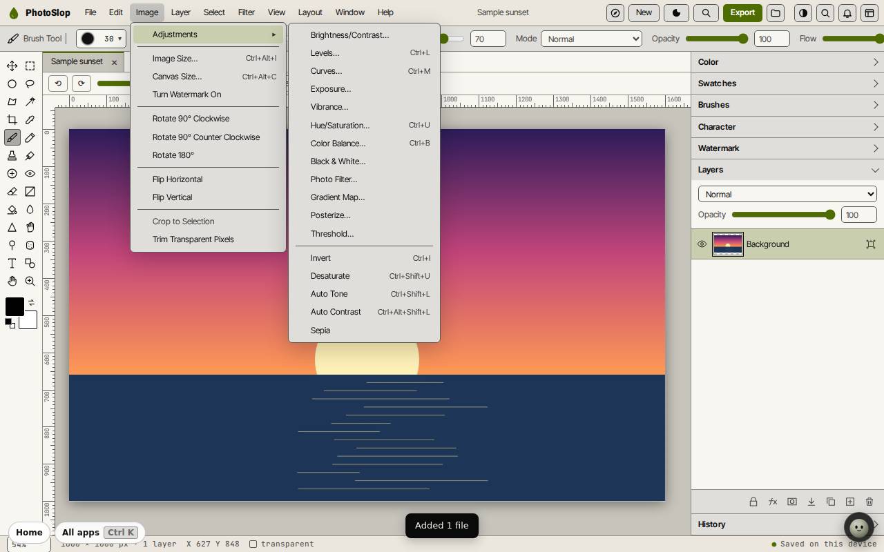 The Image menu of PhotoSlop open on Adjustments, listing Brightness/Contrast, Levels, Curves, Hue/Saturation and more