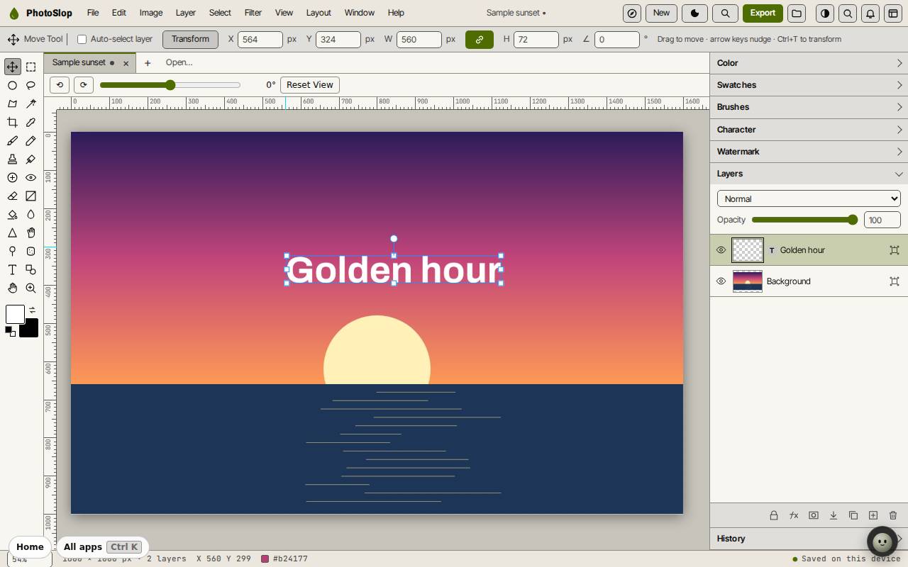 A text layer reading Golden hour selected with the Move Tool above a sunset photo, with two layers in the Layers panel
