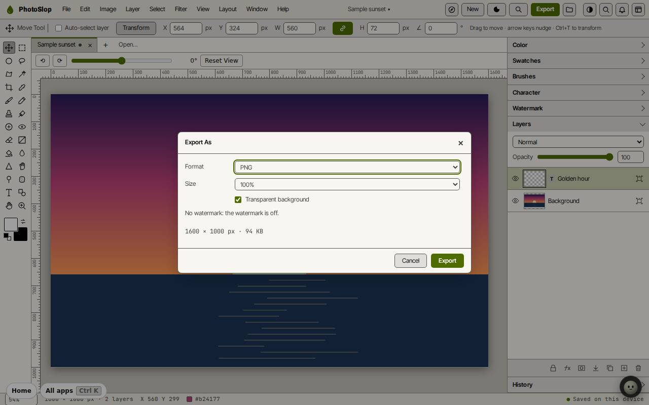 The Export As dialog of PhotoSlop with the format set to PNG, the size at 100% and a transparent background
