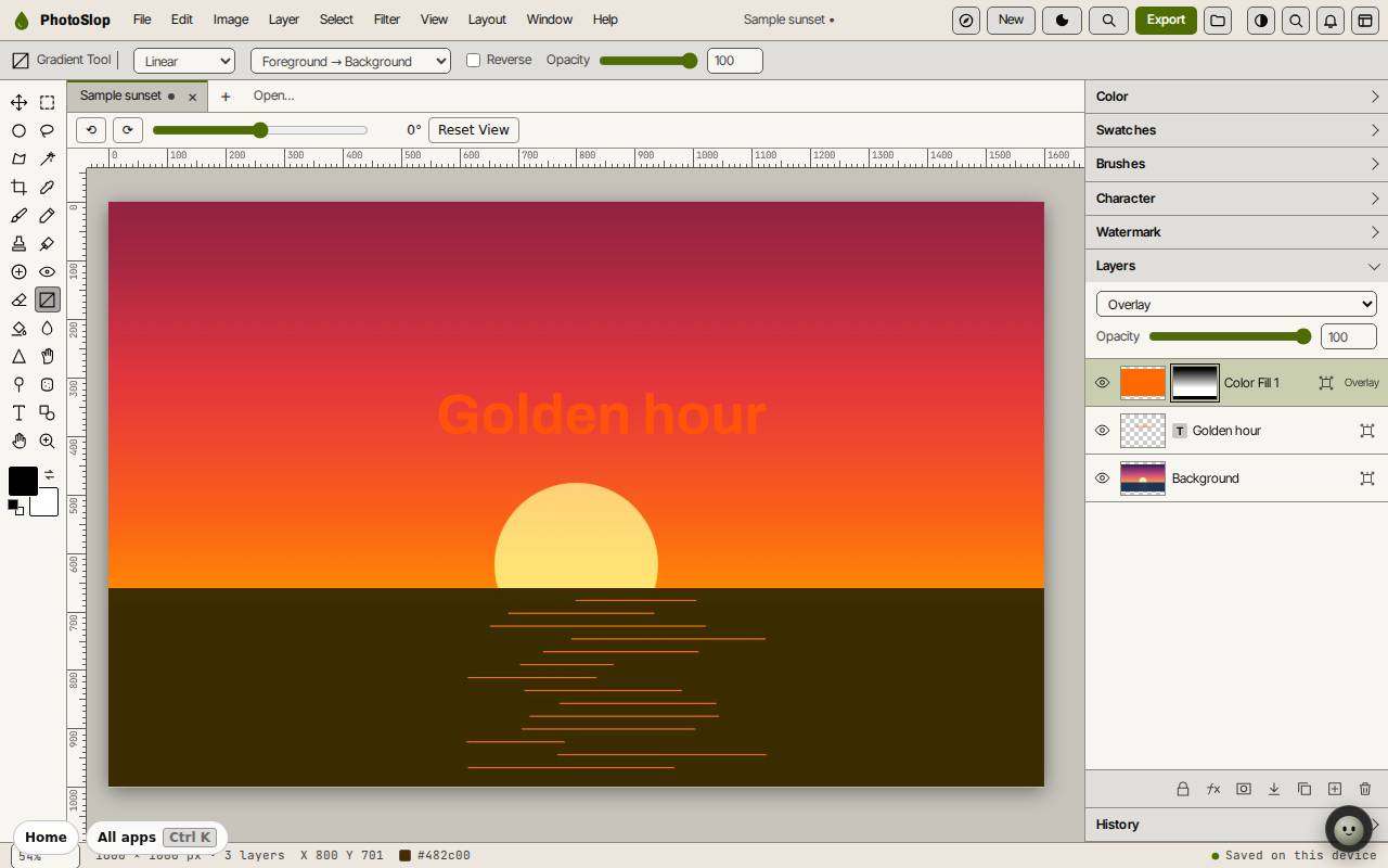 An orange Color Fill layer in Overlay mode with a gradient layer mask above a text layer and the background in PhotoSlop