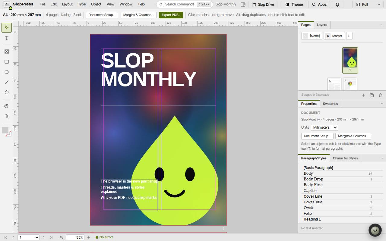 The Slop Monthly sample magazine cover in Slop Press, with the Pages, Properties and Paragraph Styles panels