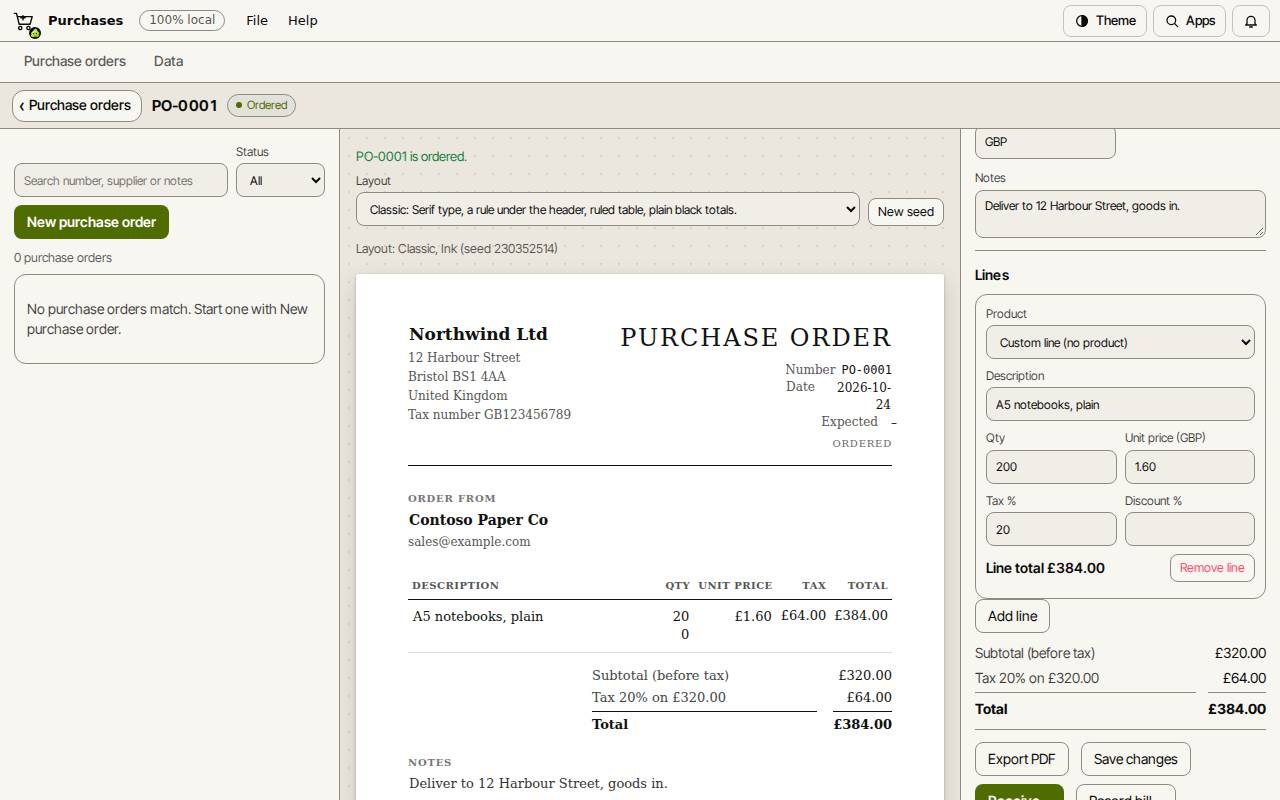 Purchase order PO-0001 with the status Ordered, drawn as a page