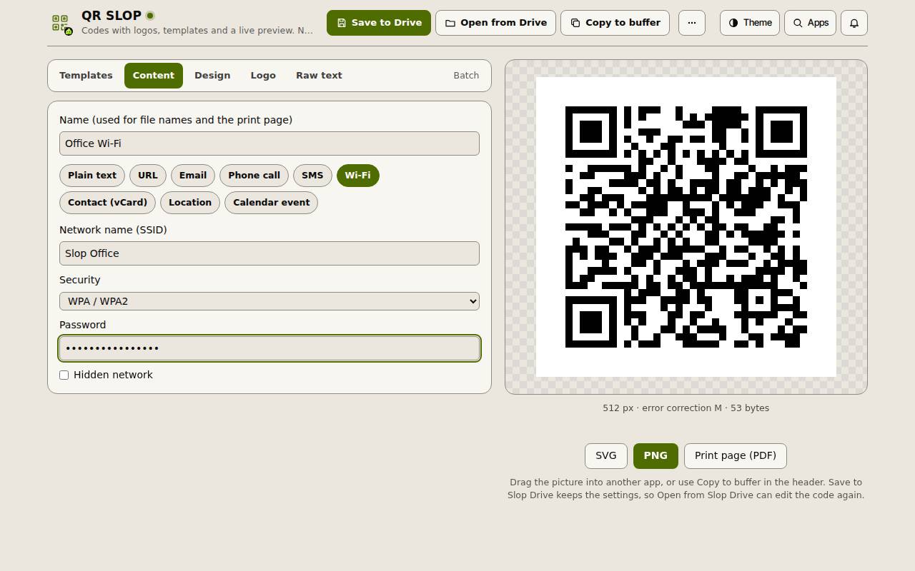 A Wi-Fi QR code in QR SLOP for the network Slop Office, with the Content form and the live preview