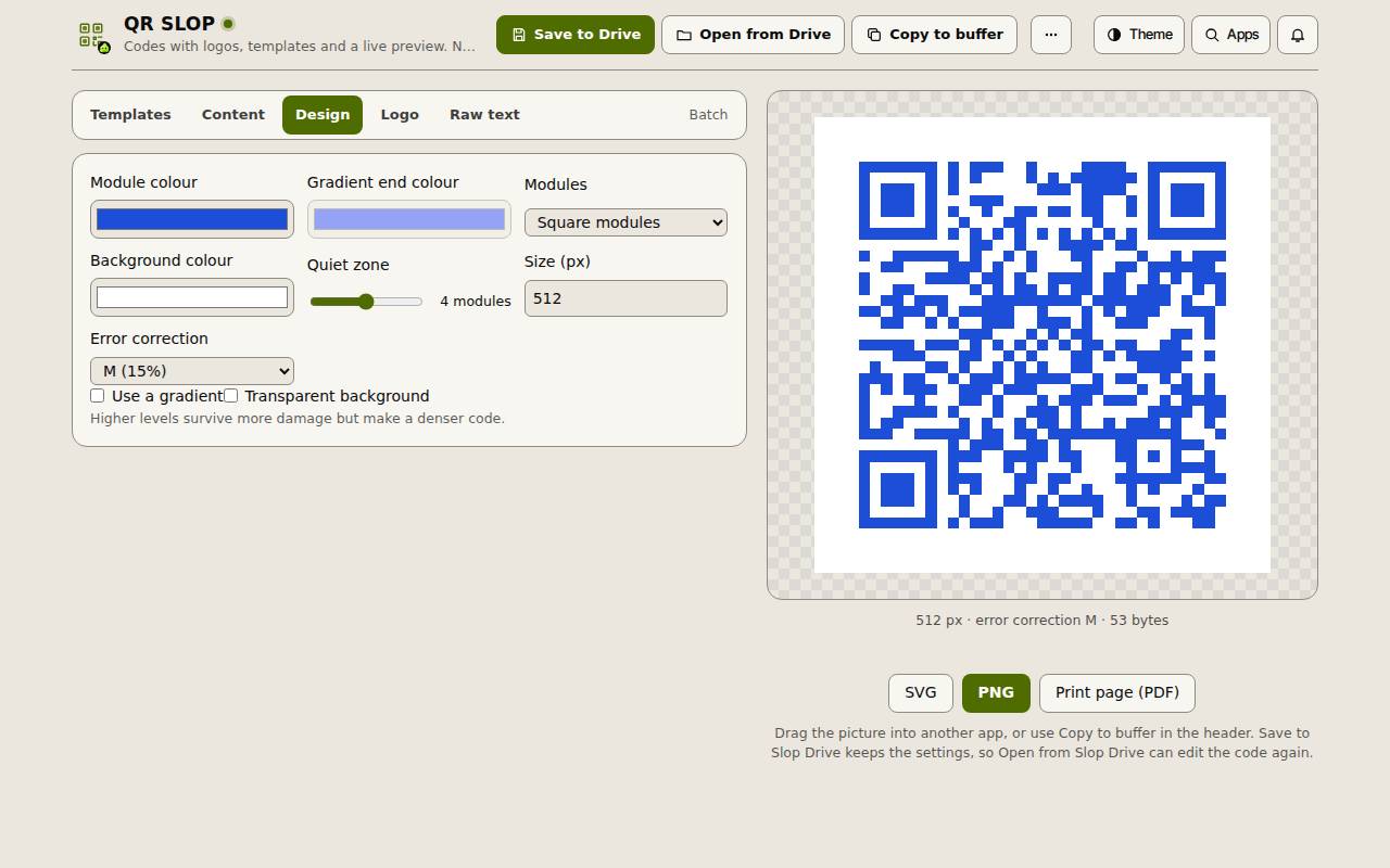 The Design tab of QR SLOP with the module colour set to blue and the blue code in the preview