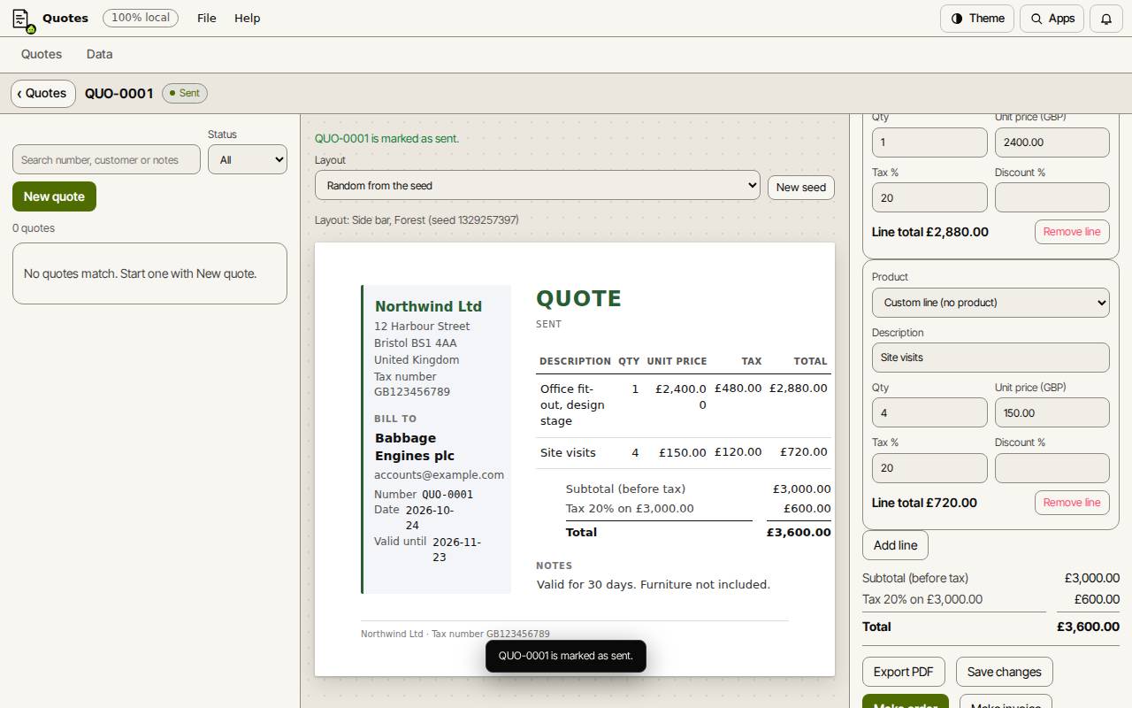 A quote marked as sent, with its number QUO-0001 and the Sent status