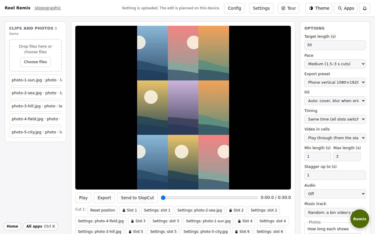 Reel Remix with five photos in a 3 by 3 grid edit and the options on the right