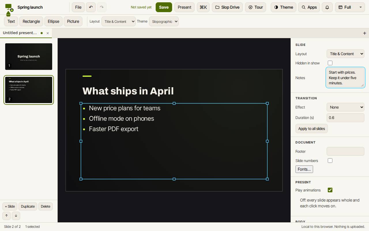 Slop Slides with a two-slide deck, a bulleted list selected on slide 2 and speaker notes in the panel