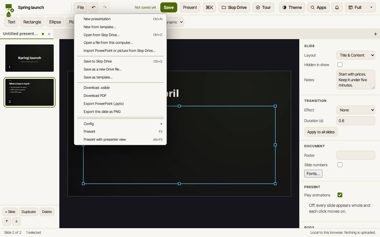 The File menu of Slop Slides with Save to Slop Drive, Download PDF, Export PowerPoint and Present