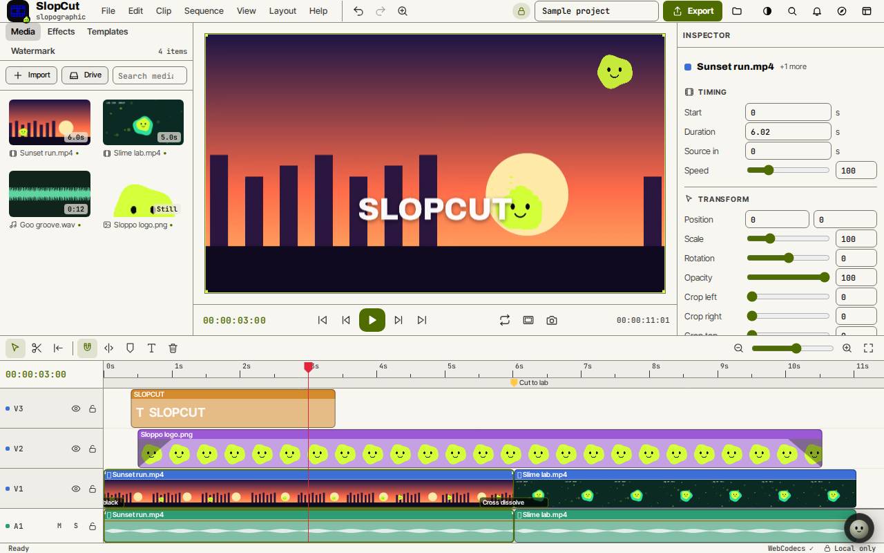 SlopCut with the sample project: media bin, preview, inspector and a timeline with title, logo, video and audio tracks