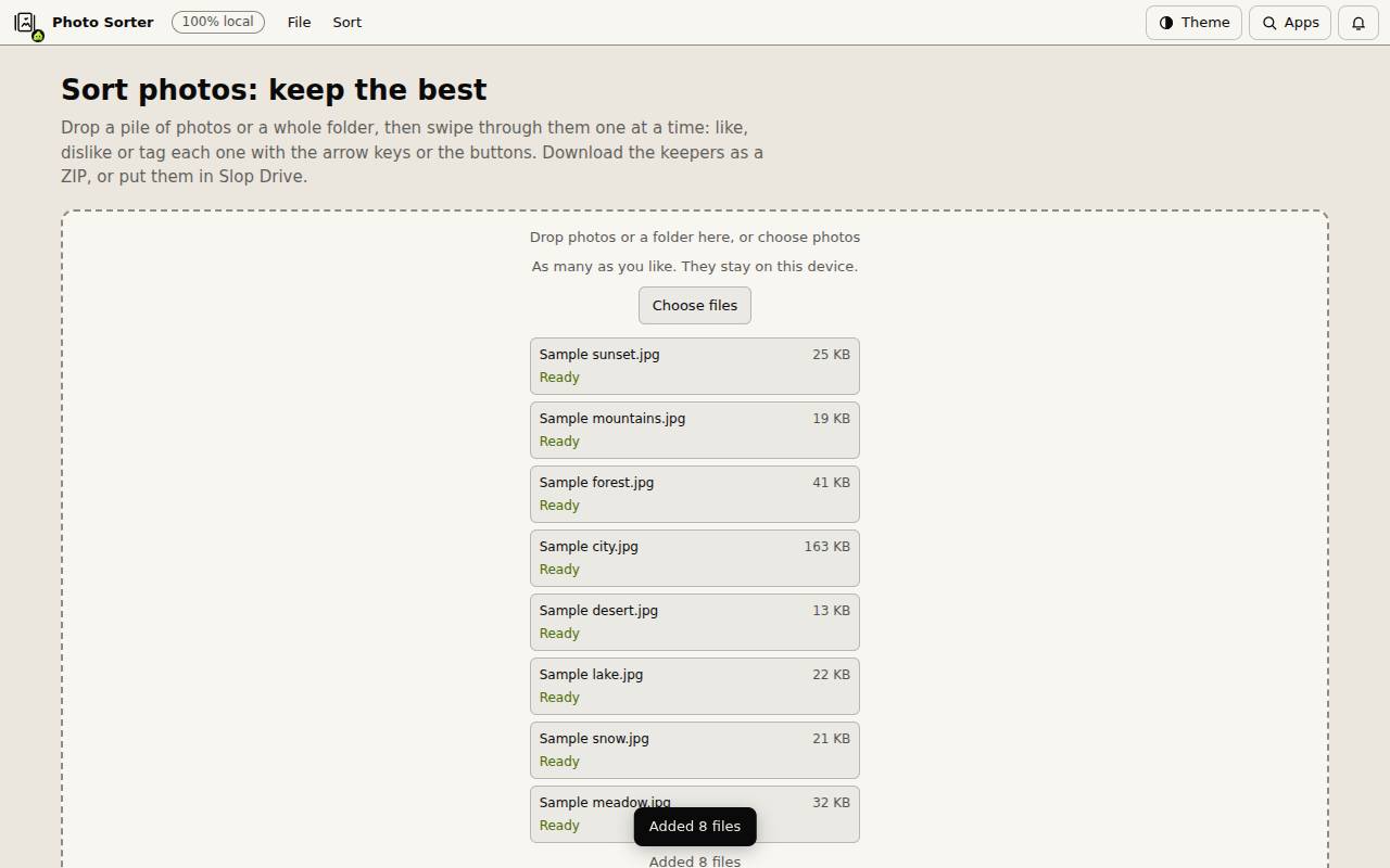 Slop Photo Sorter with eight sample photos added and ready to sort