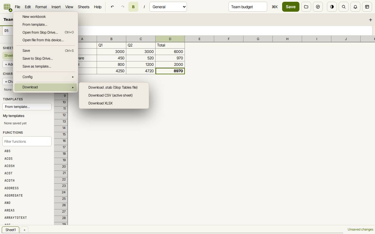 The File menu of Slop Tables with New workbook, From template, Open, Save and Download