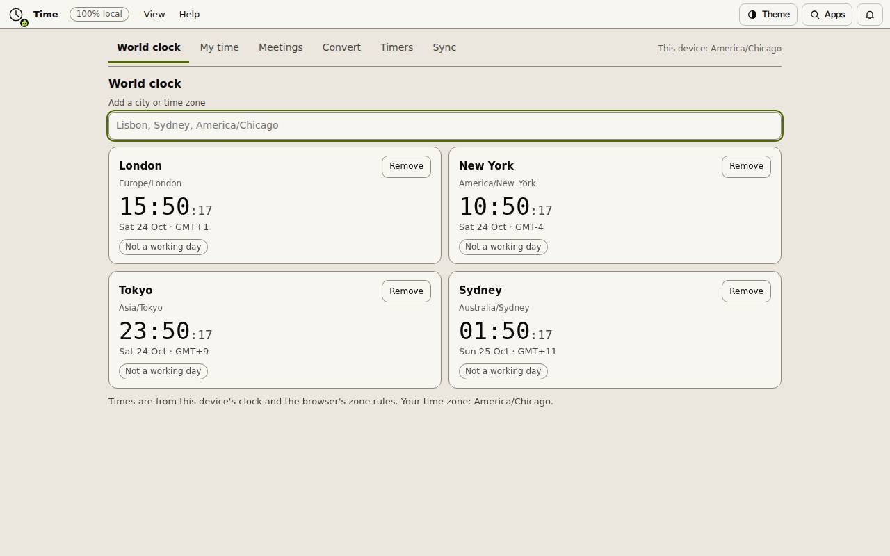 The World clock tab with London, New York, Tokyo and Sydney