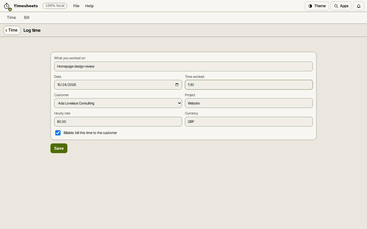 The Log time form in Slop Timesheets, filled in for one and a half hours of billable work