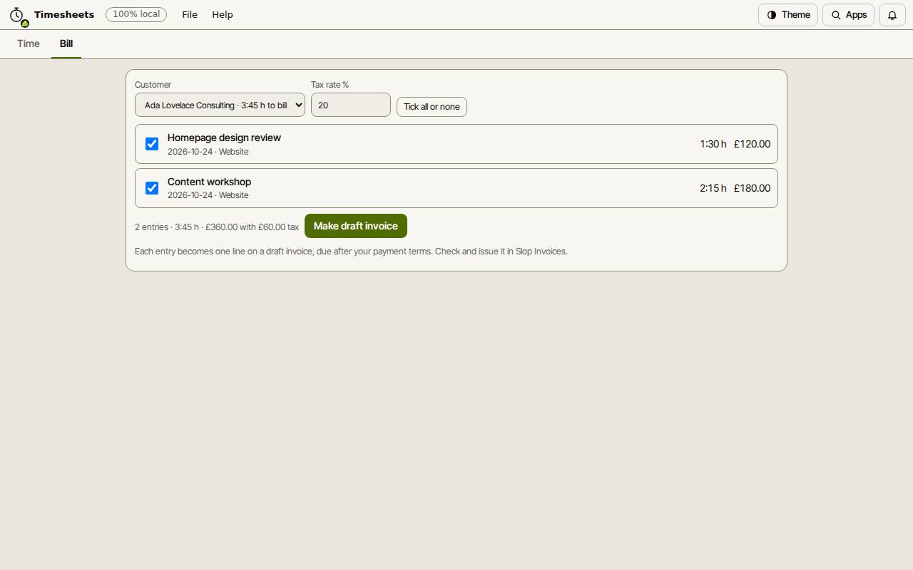 The Bill tab with two entries ticked and the Make draft invoice button