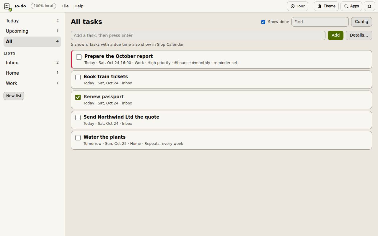 All tasks in Slop To-do across the Inbox, Home and Work lists, one ticked