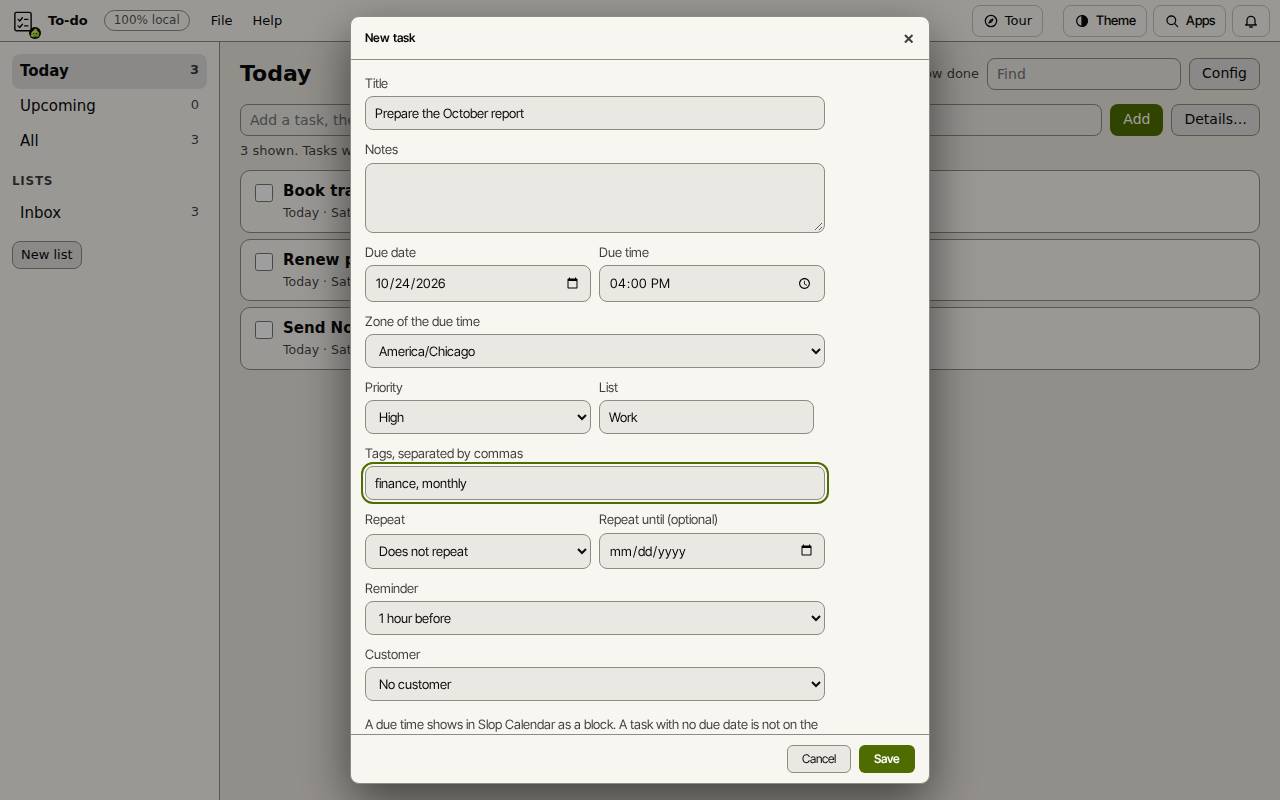 The New task dialog with a due time, high priority, a list, tags and a reminder