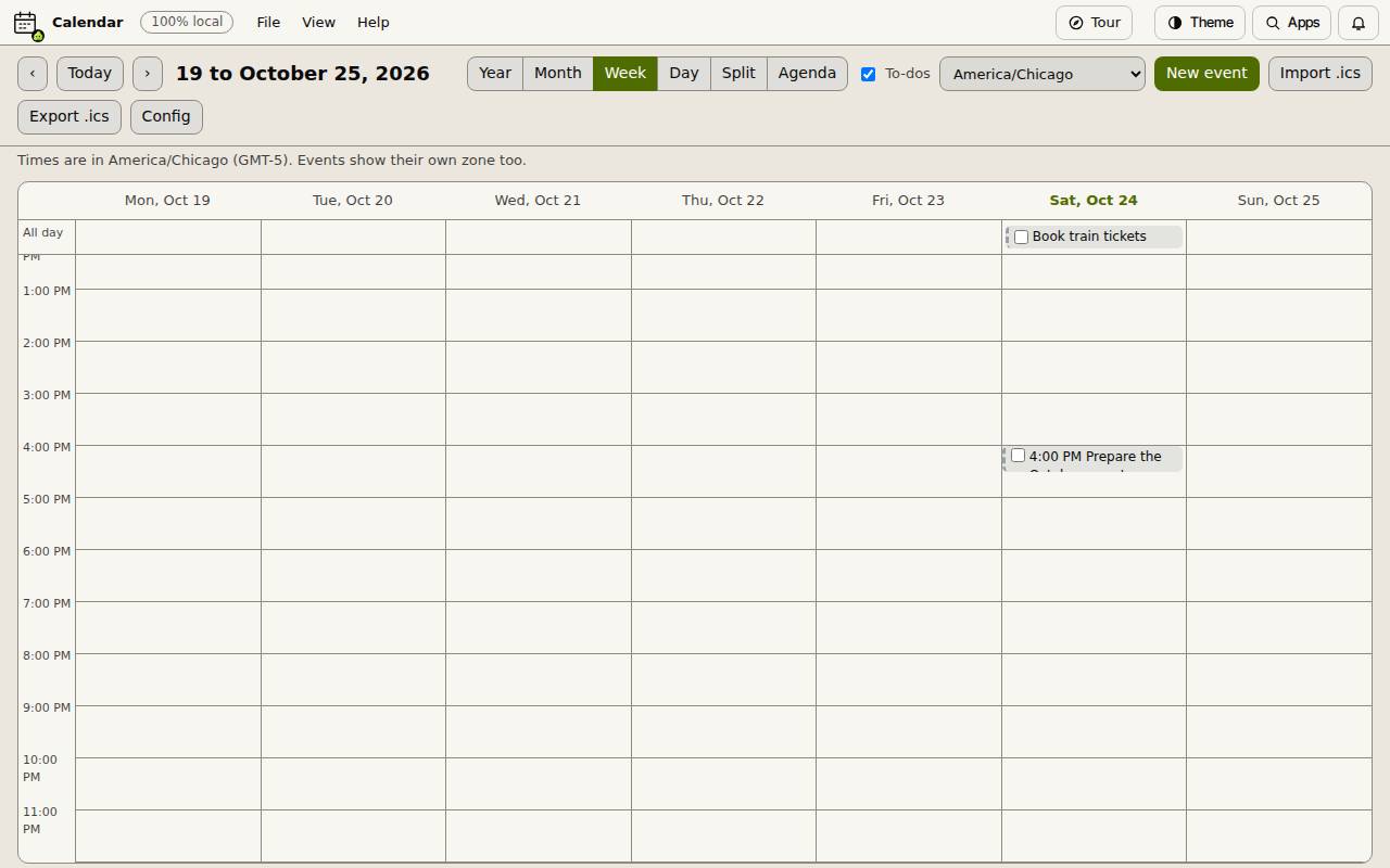 Slop Calendar showing one task at 4:00 PM and one task at the top of the day