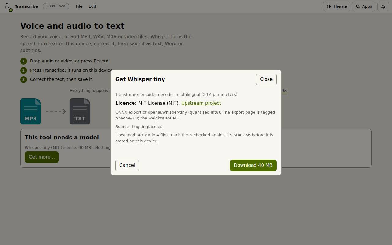 The Get Whisper tiny dialog with the licence, the source and a 40 MB download