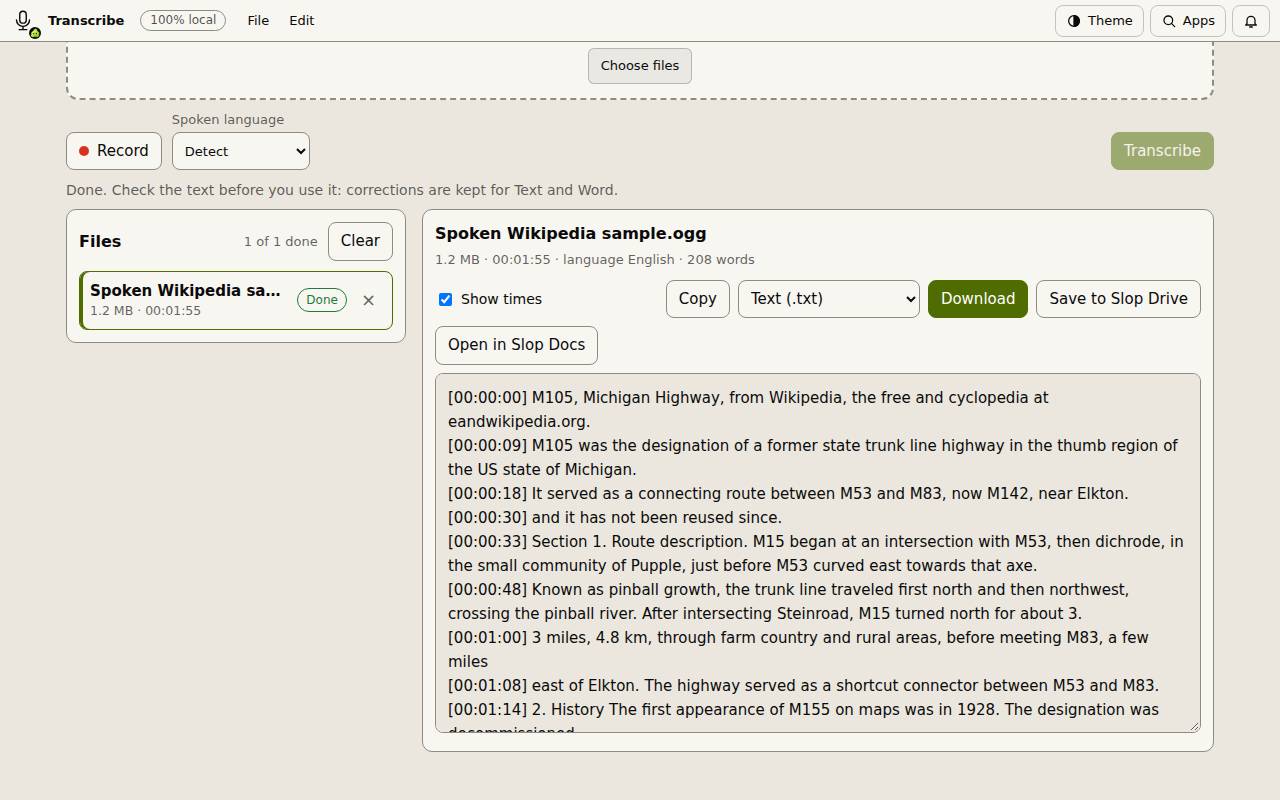 A finished transcript in Slop Transcribe with the times shown and the download options above it