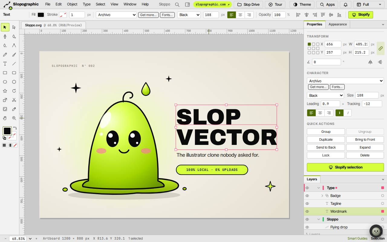 The SLOP VECTOR wordmark selected in the sample drawing, with its position, font and quick actions in the Properties panel