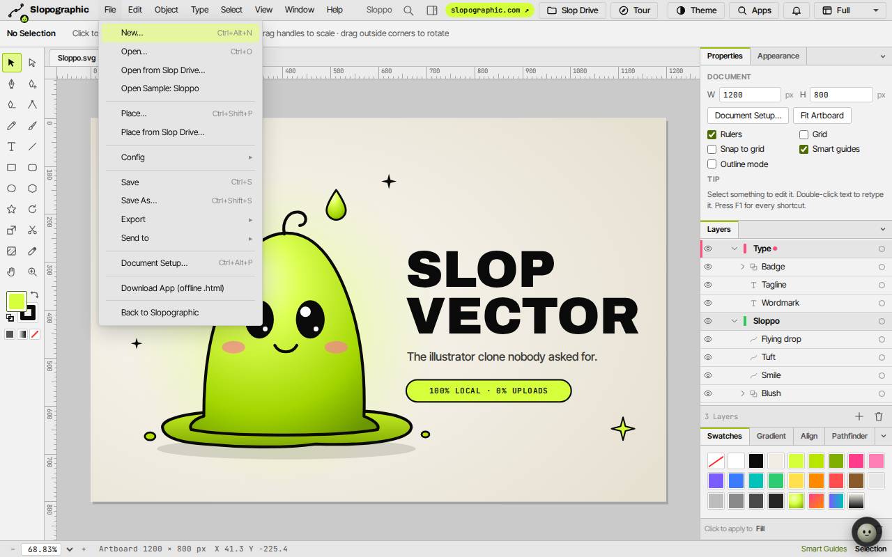 The File menu of SlopVector with New, Open, Open Sample: Sloppo, Place, Save, Save As and Export