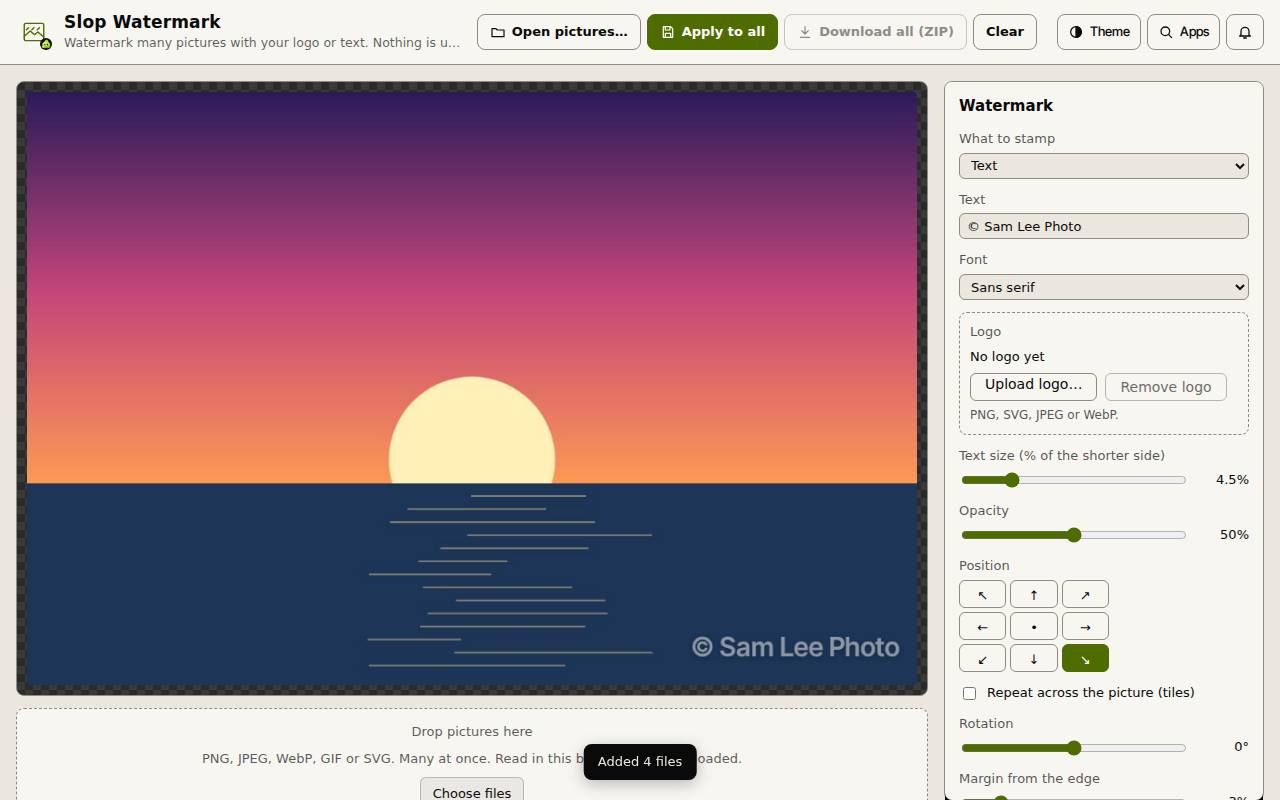 A sunset photo with a © Sam Lee Photo watermark in the bottom right corner, and the Watermark settings panel