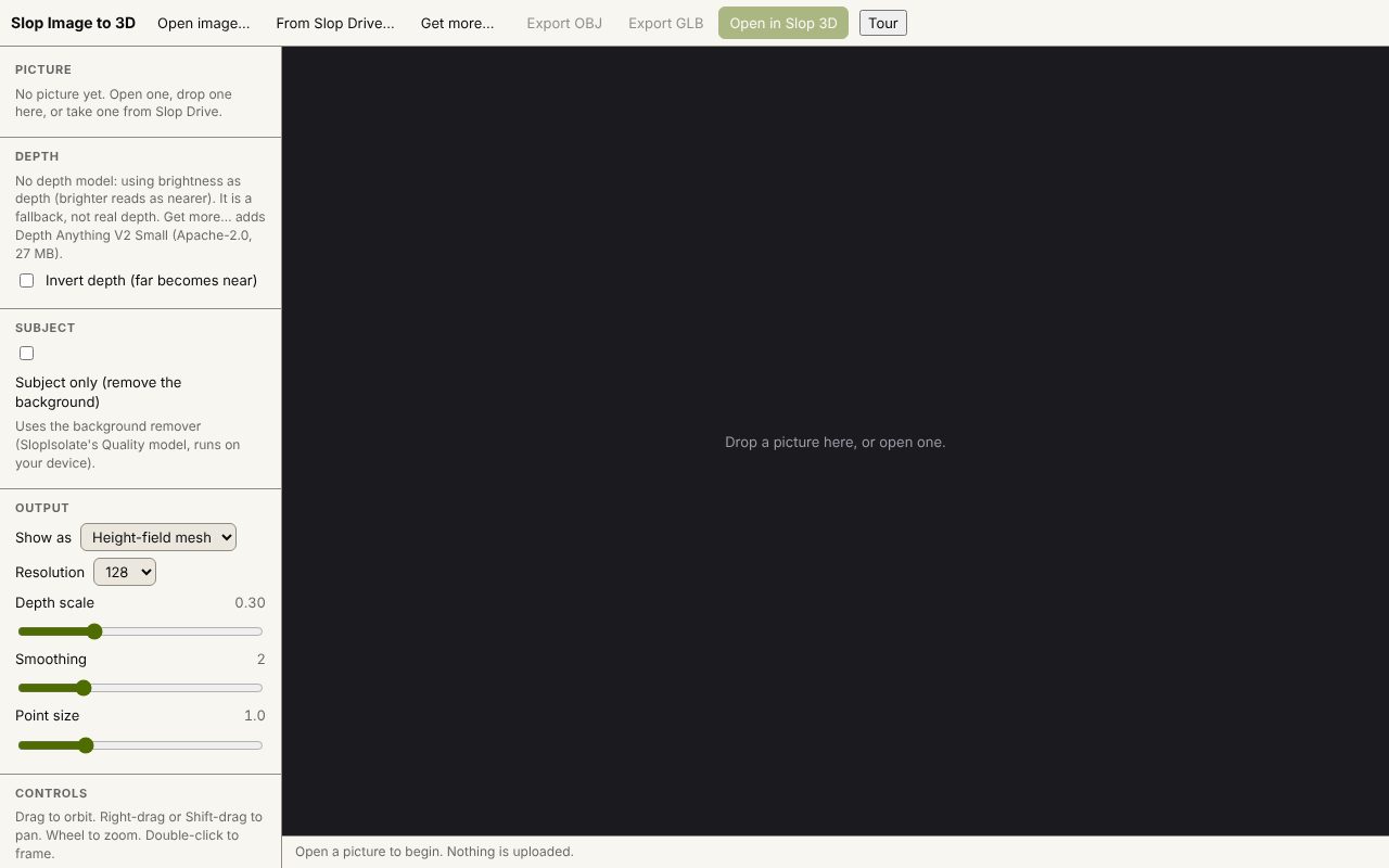 Slop Image to 3D open in a browser